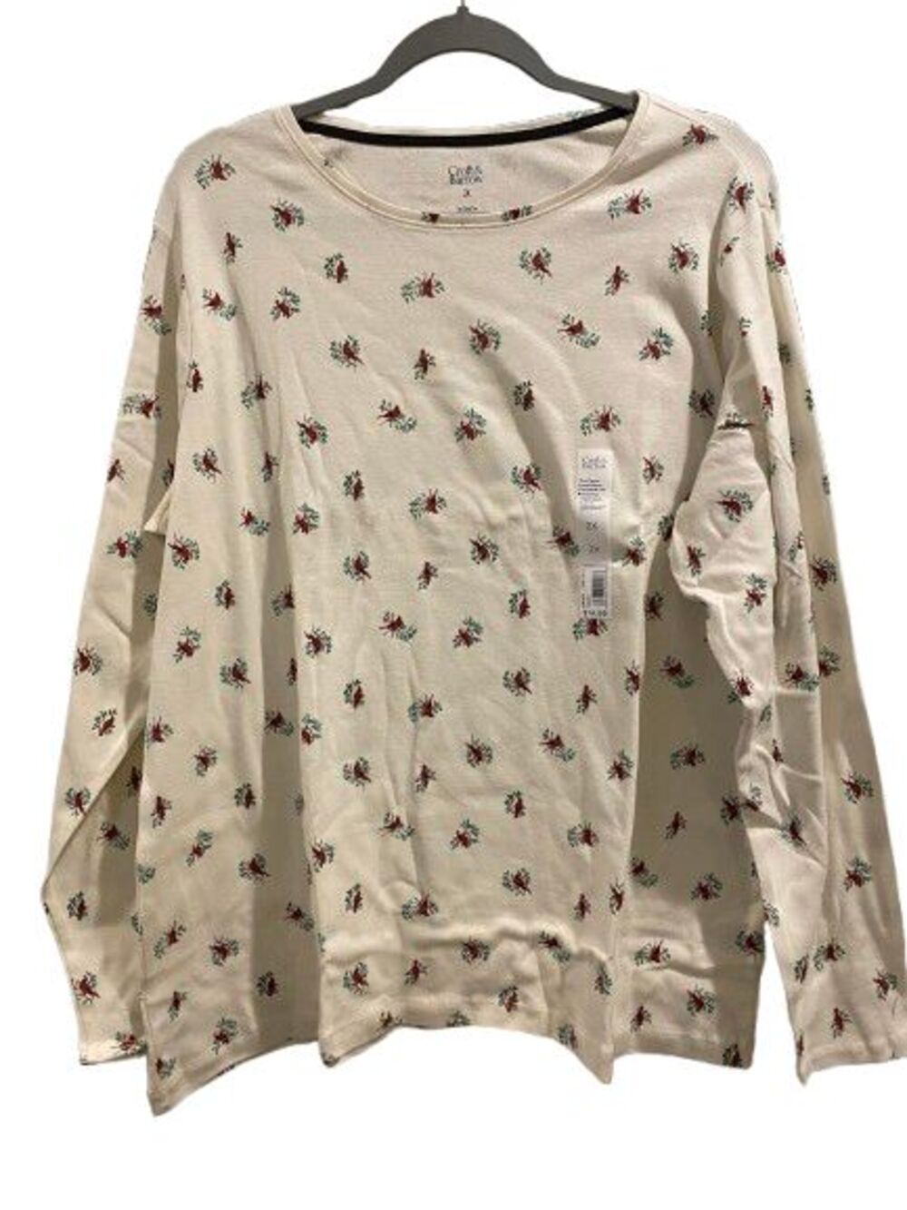 Women's 2X Tee Crewneck Long Sleeve Croft & Barrow Ivory w/ Cardinals Cotton